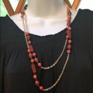 Vintage Long Layered Beaded Necklace Orange Brown Gold Tone Statement Jewelry